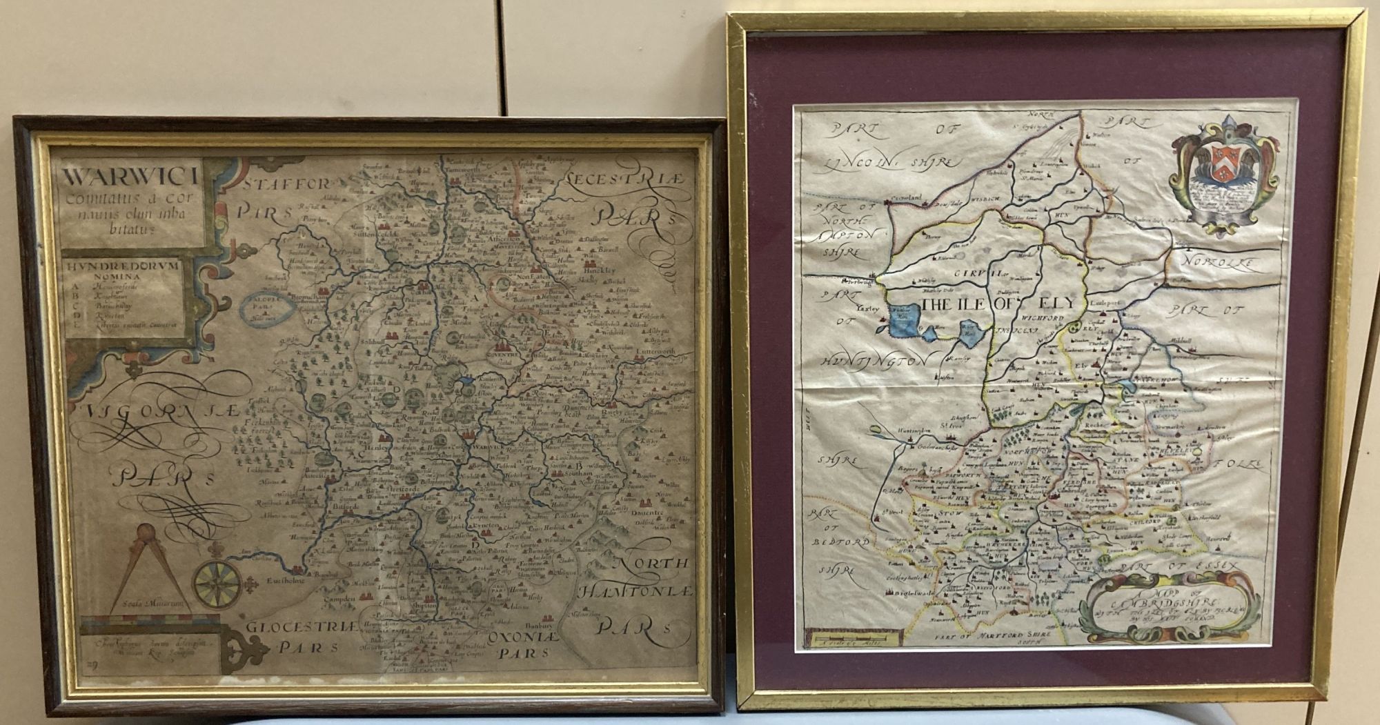 Christopher Saxton, coloured engraving, Map of Warwick, 30 x 34.5cm and a Blome map of Cambridgeshire, 1673, 30 x 27cm